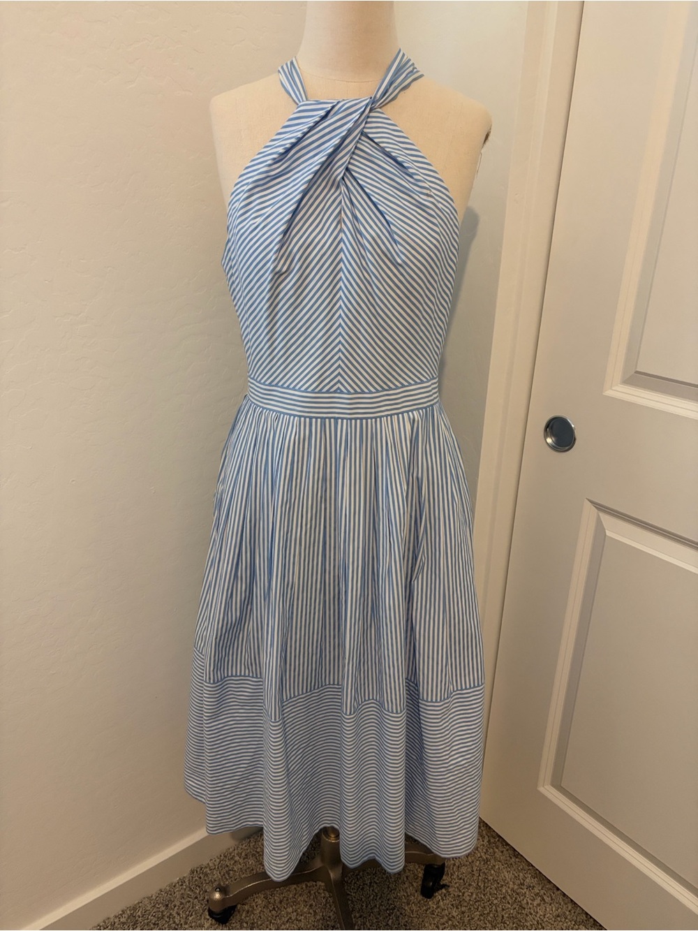 Gal Meets Glam Light Blue & White Striped Halter Midi Dress